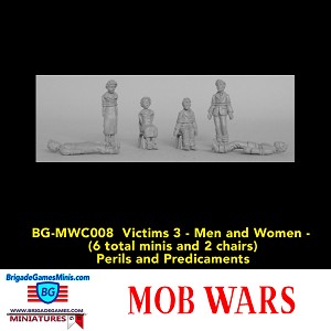 BG-MWC008 Victims 3 - Women and Men (4 + 2 chairs) - "Bound and Gagged" Women and Men in various states of peril and terror. (1 woman and 1 man seated and bound, 1 woman and 1 man bound (great for tying to experiment tables or railroad tracks) Previous code BG-PAP003 Unpainted, 28mm metal 